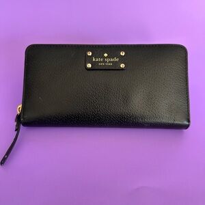 kate spade Black Zip-Around Leather Wallet with Gold Plate
